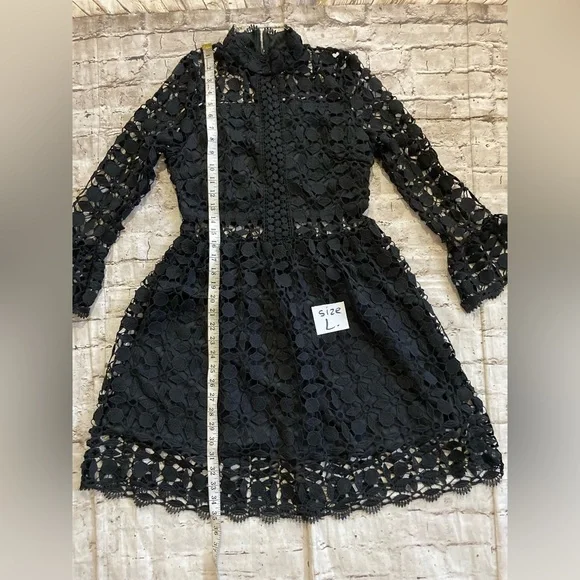 NWOT Eilly Bazar Black hollow out Lace long sleeve Mock neck Dress size M & L - Picture 9 of 14